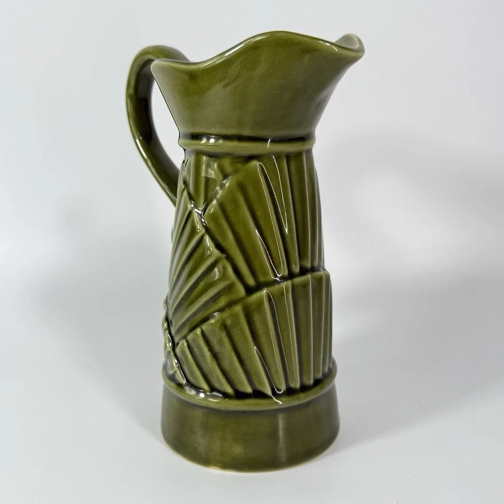 Mid Century Modern MCM Pitcher Vintage Avocado Green Geometric Ceramic 1970s‎